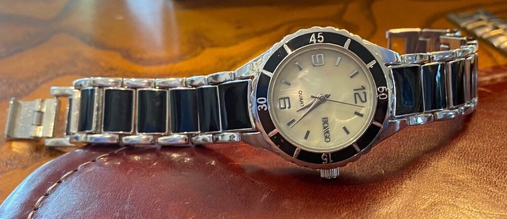 Woman's Bongo Watch, Black Enamel and Silver Tone Band, MOP Face